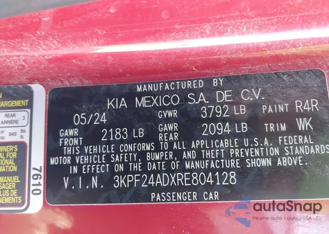 2024 Kia Forte Lxs z USA, uszkodzony, nr VIN 3KPF24ADXRE804128